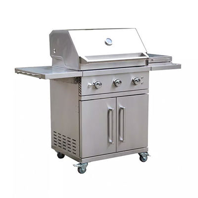 Freestanding Flat Top Grill Combo Cabinets Wheels 3 Burner Gas Bbq With Side Burner